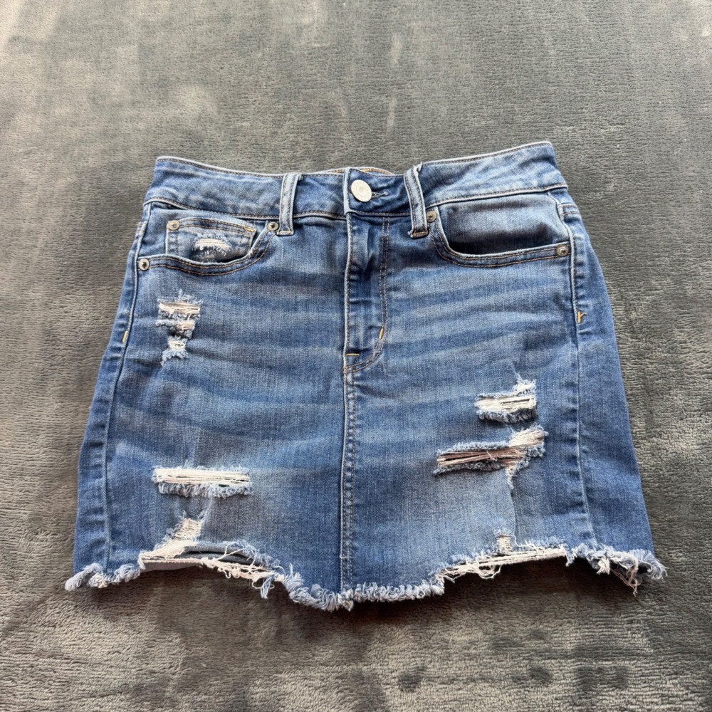 American Eagle Womens Super Stretch Distressed Denim Mini Skirt Blue Size 4